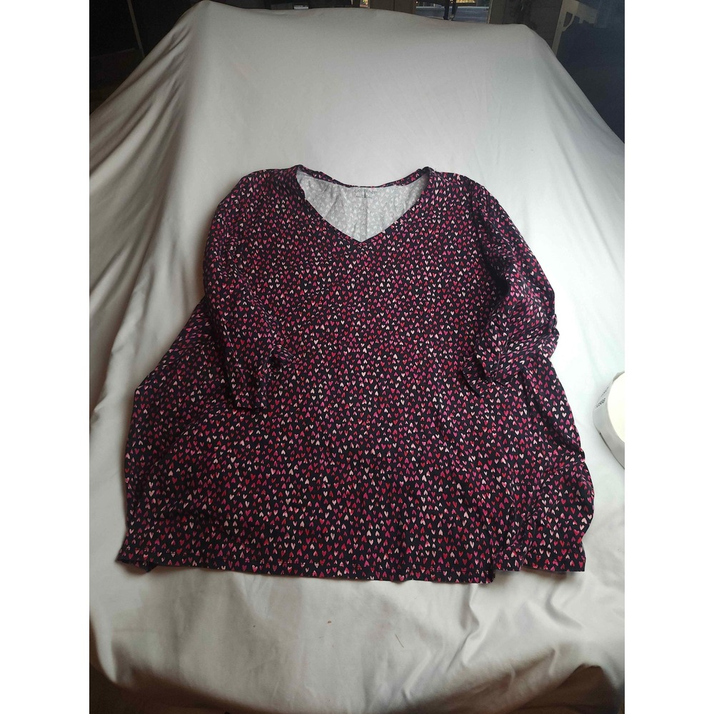 Catherines Womens 3X Heart Print V-Neck Tunic Top 3/4 Sleeve Pink Red